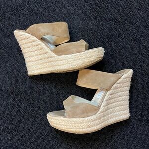 JIMMY CHOO Tan Suede Platform Espadrille Wedges Size 38 / 7.5 Y2K
